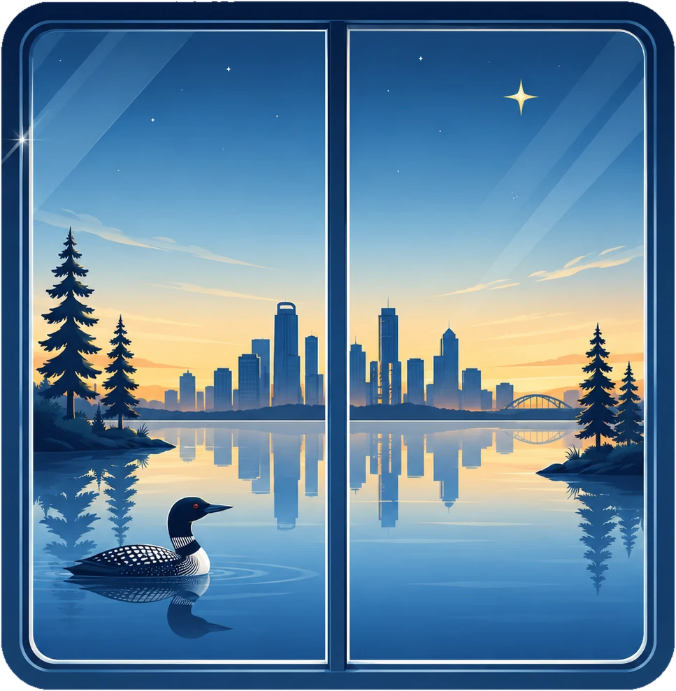 A loon on a calm Minnesota lake at dusk with the Minneapolis skyline on the far shore, seen through a freshly cleaned window
